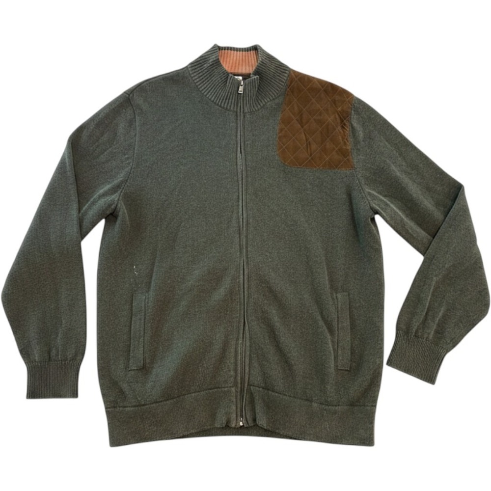 Southern Pines Mens Full Zip Sweater Olive Green Quilted Shoulder Patch Large